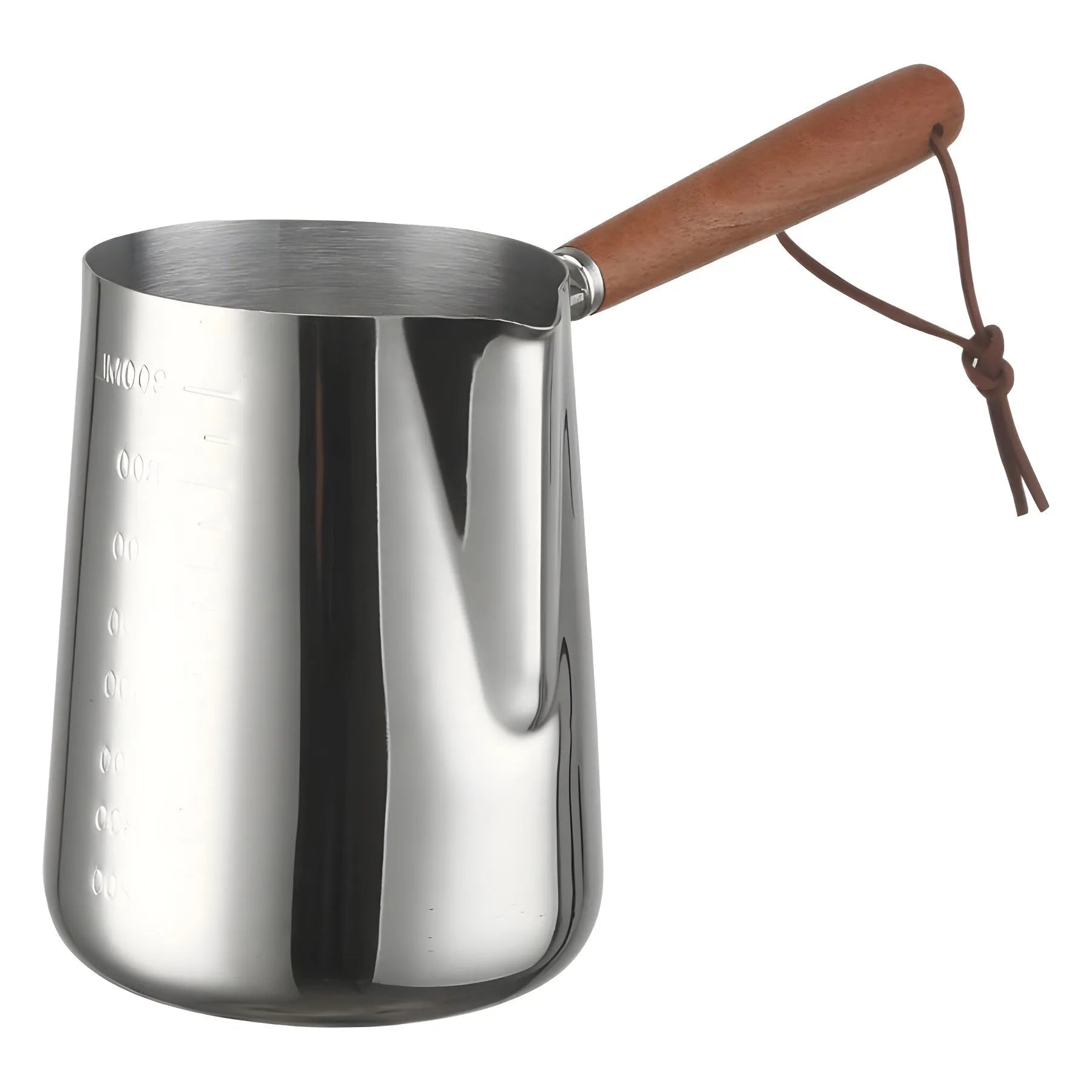 Stainless steel coffee mug with measurement scale and a light wood handle on a wooden table.