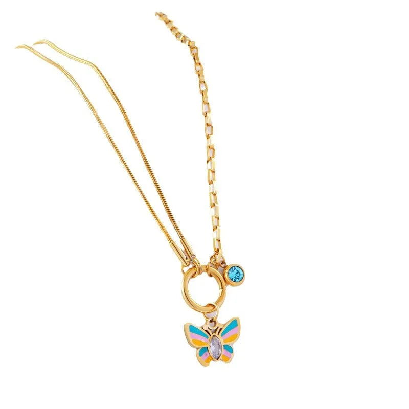 Gold tone epoxy butterfly necklace and bracelet set with snake bone chain.