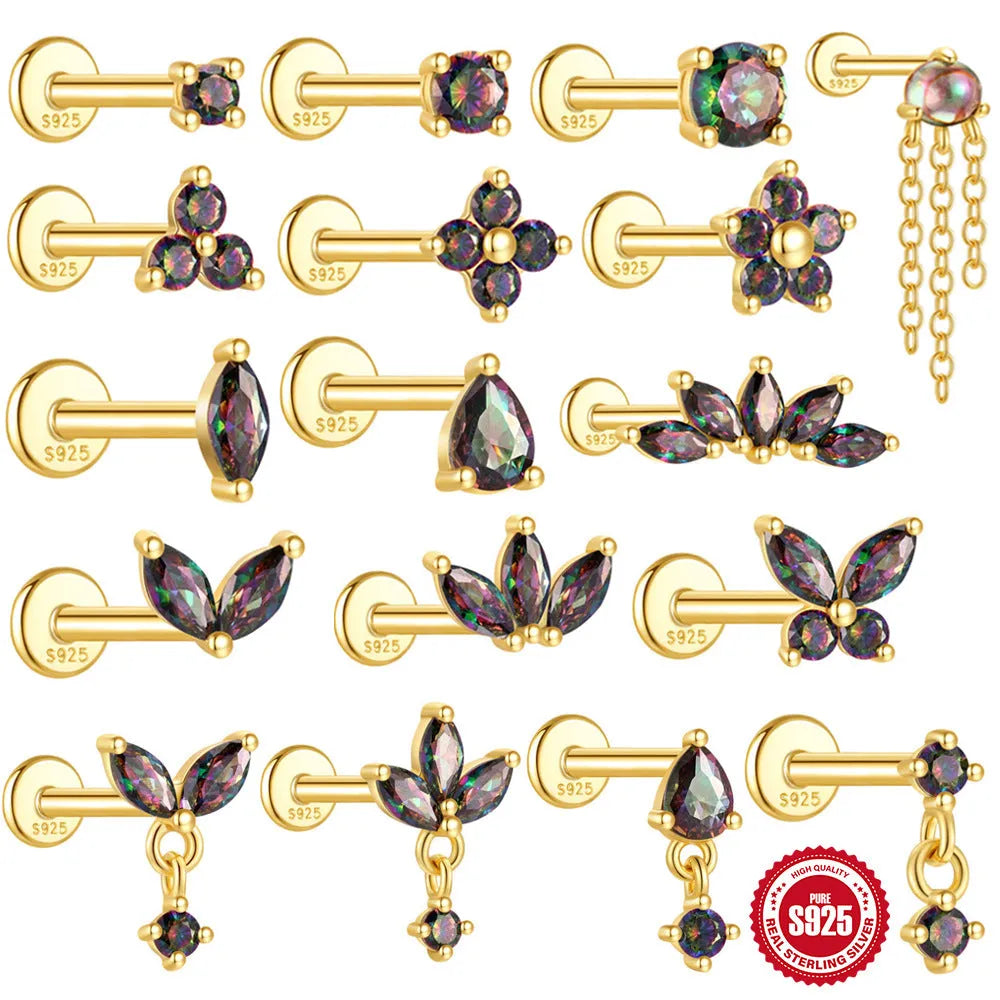 S925 sterling silver thread piercing earring with super shiny rainbow stone flat head in single gold colour.