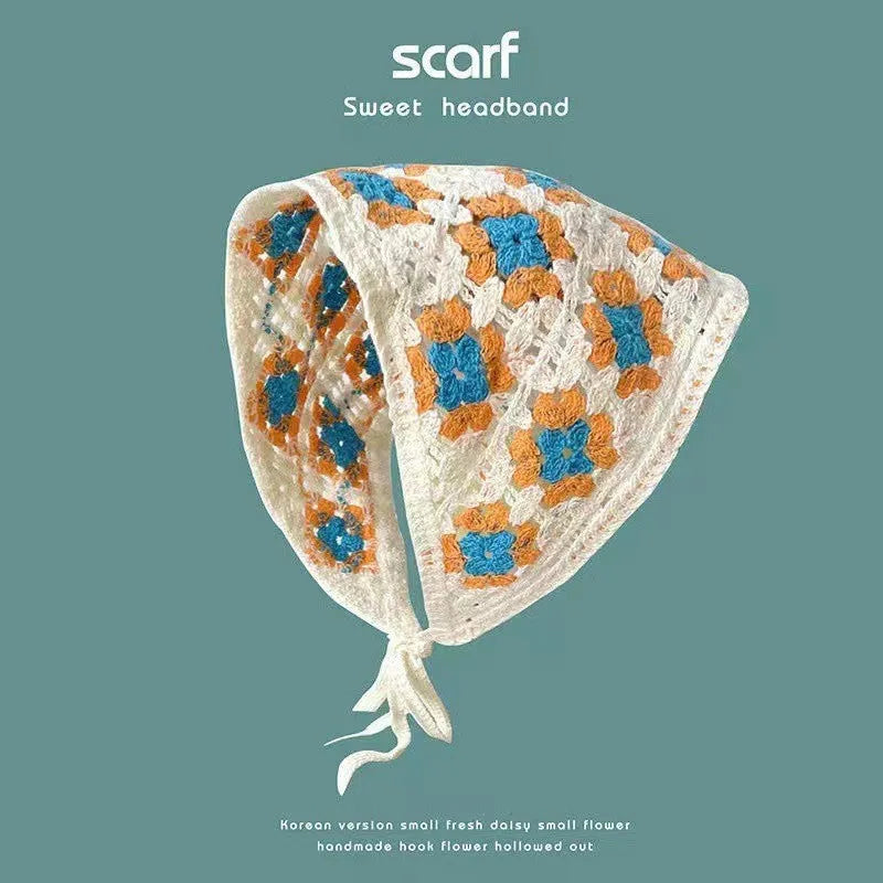 Cotton triangular headscarf with French retro floral pattern in multiple colour options