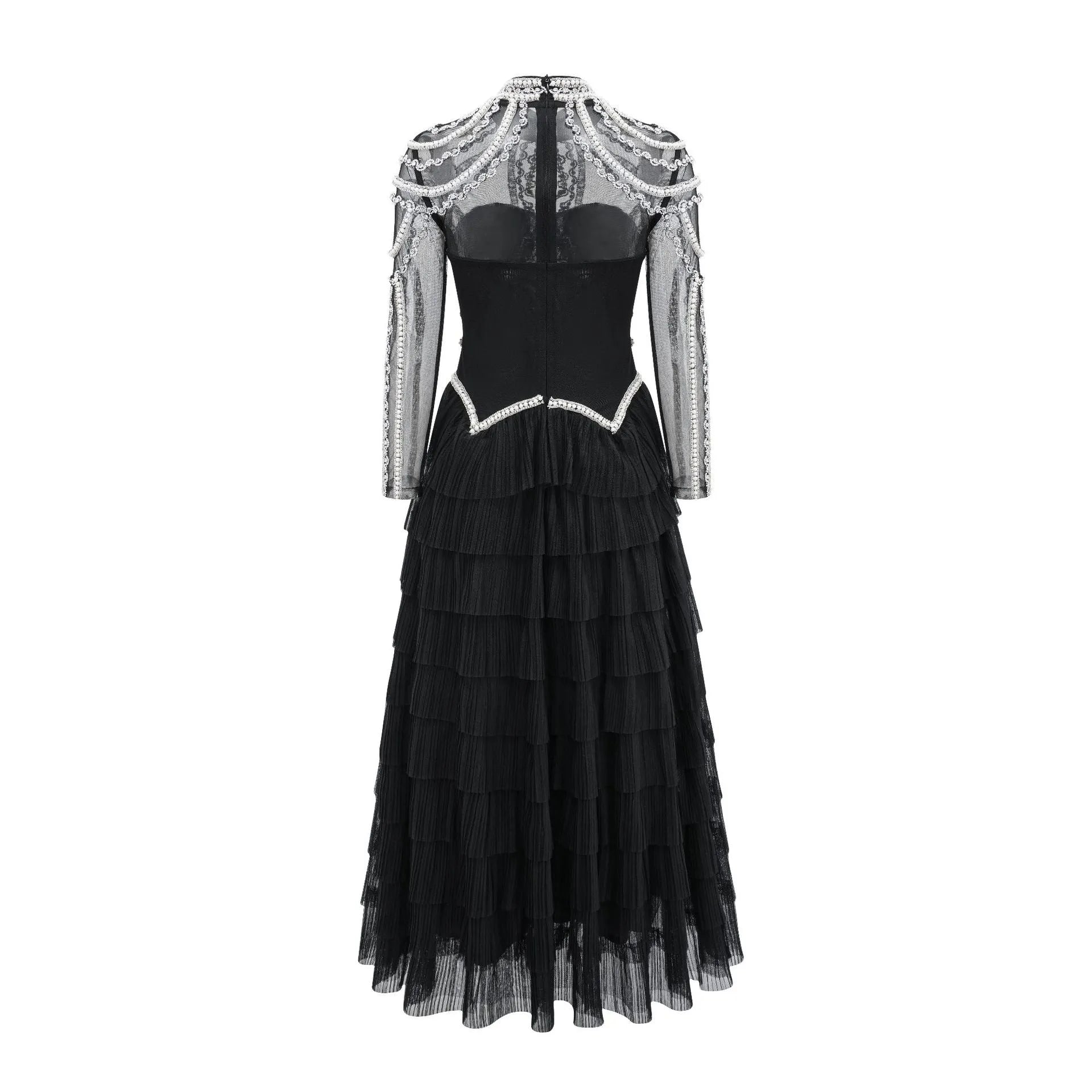 Women's black polyester dress with long sleeves, decorative beadwork, and mid waist design
