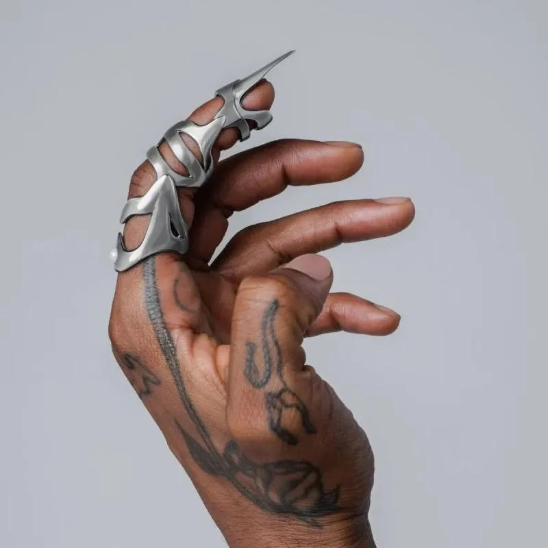 Silver alloy punk armour finger stall showing metal finger covers for gothic accessories