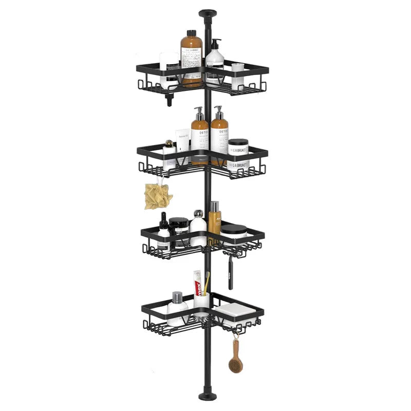 Hole-free retractable bathroom storage rack with 4 stainless steel shelves
