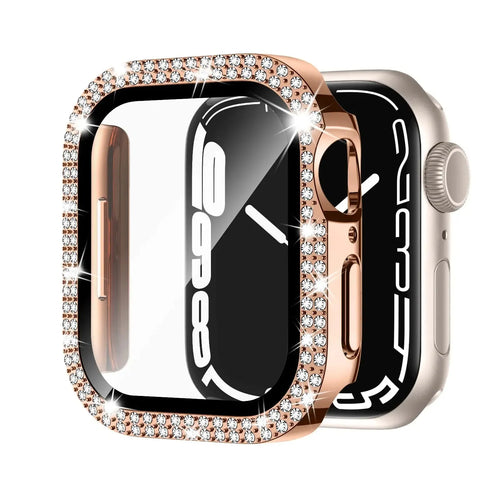 Apple Watch protective case with double diamond glass screen in rose gold colour for a 44mm model.