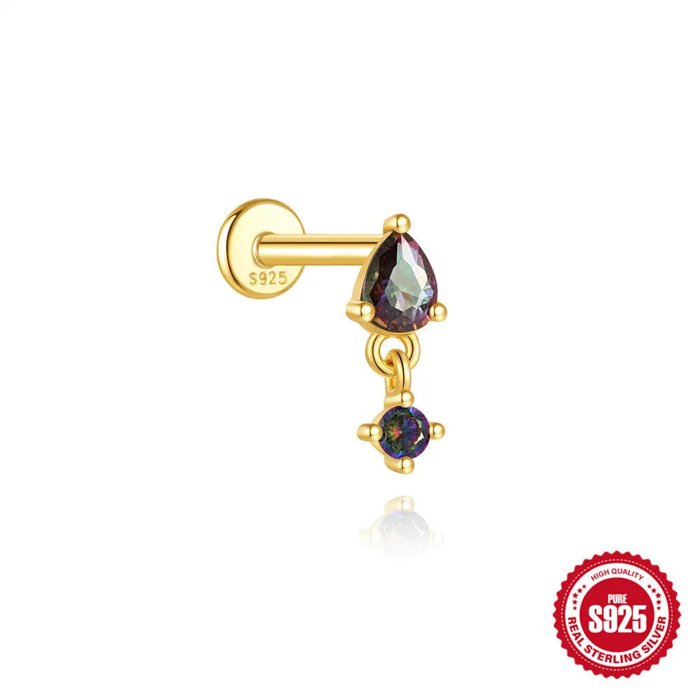 S925 sterling silver thread piercing earring with super shiny rainbow stone flat head in single gold colour.