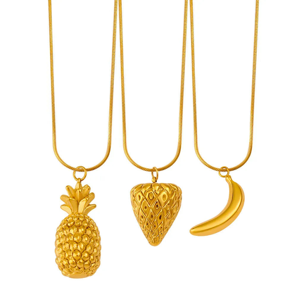 Stainless steel fruit necklace pendant showing six colour options including apple, grape and watermelon designs