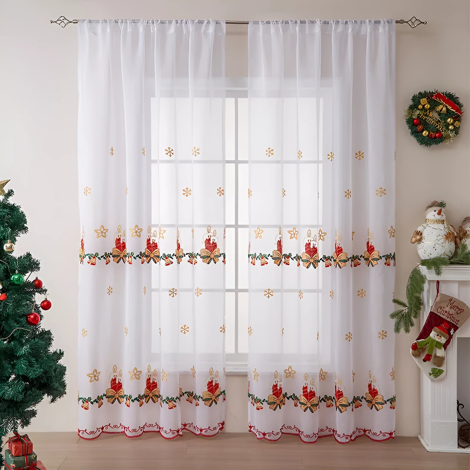 American Christmas curtains with white snowflake embroidery on red polyester fabric hung on window