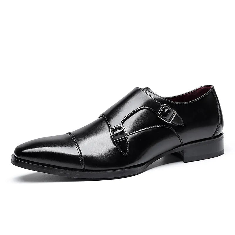 Men's black leather business shoes with square toe and rubber sole in British gentleman style