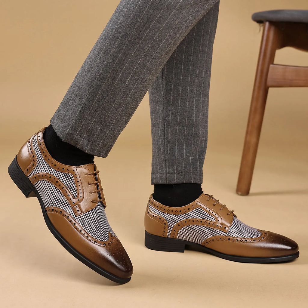 Men's black imitation houndstooth pattern casual canvas shoes with square toe and lace-up front.