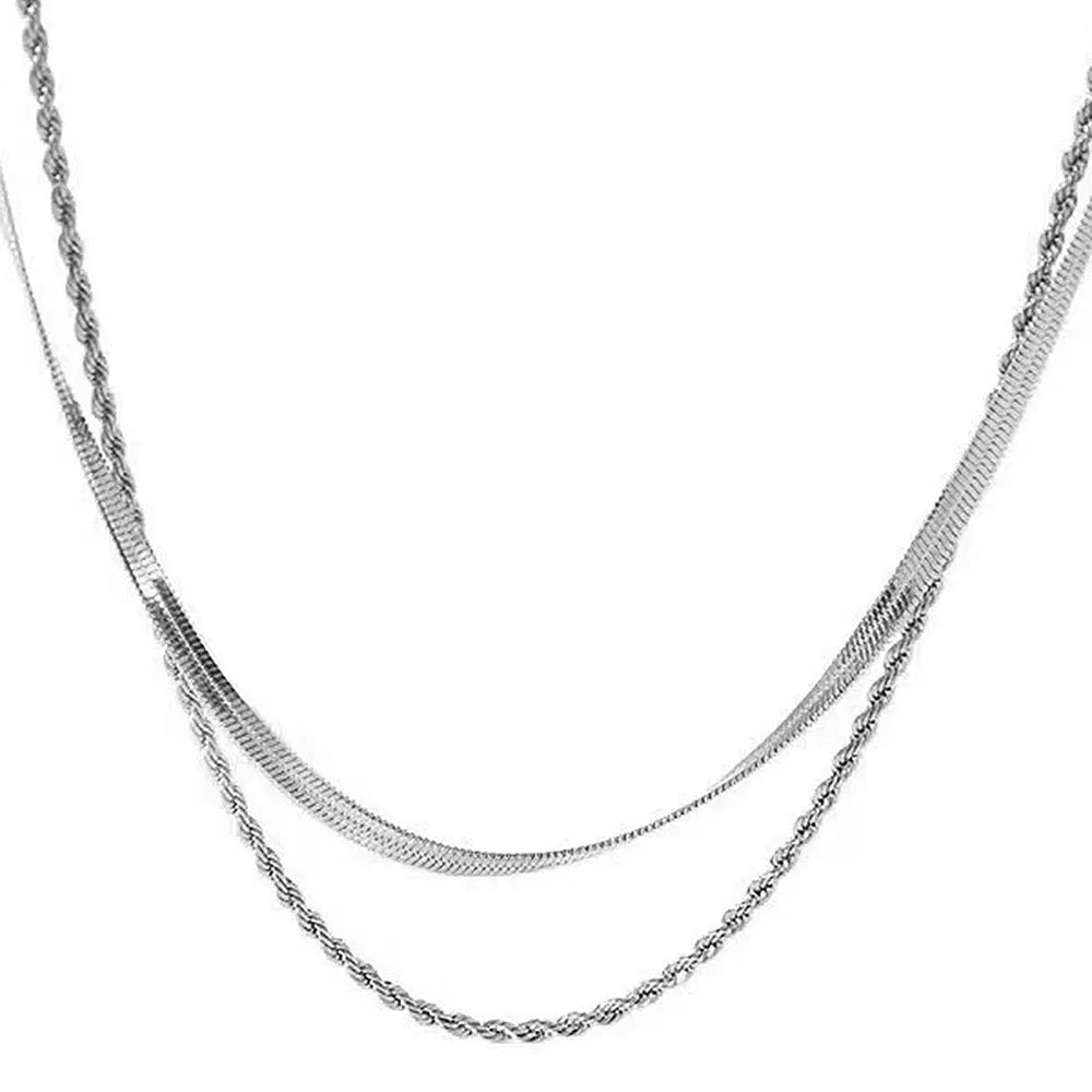 Geometric double-layer twist necklace with adjustable stainless steel snake bones chain