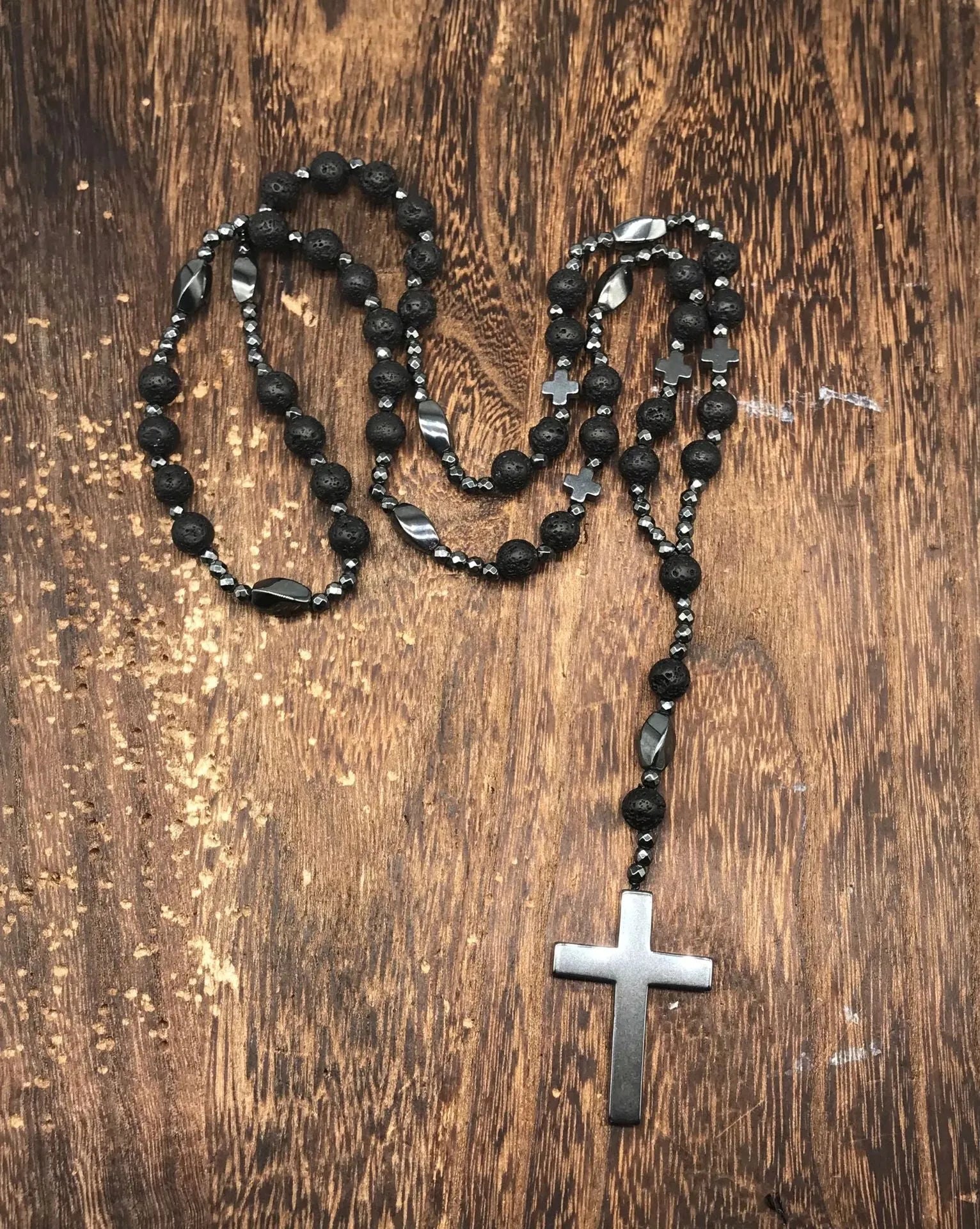 Men's stone cross pendant necklace with hand-woven detail on an 80cm ball bead chain.