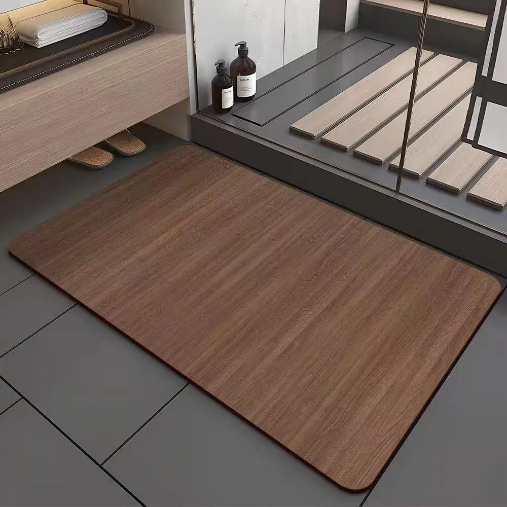 Square American style wood grain patterned diatom ooze bathroom floor mat on a tiled floor.