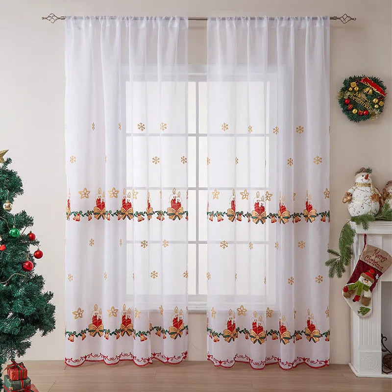 American Christmas curtains with white snowflake embroidery on red polyester fabric hung on window