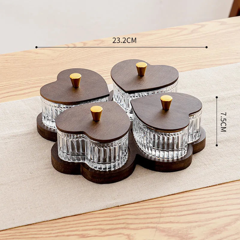 Glass retro serving platter with transparent heart-shaped lid showing multiple snack compartments