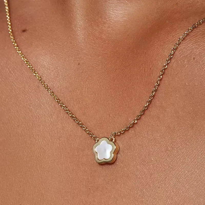 White mother shell flower necklace with floral pendant on gold or silver chain