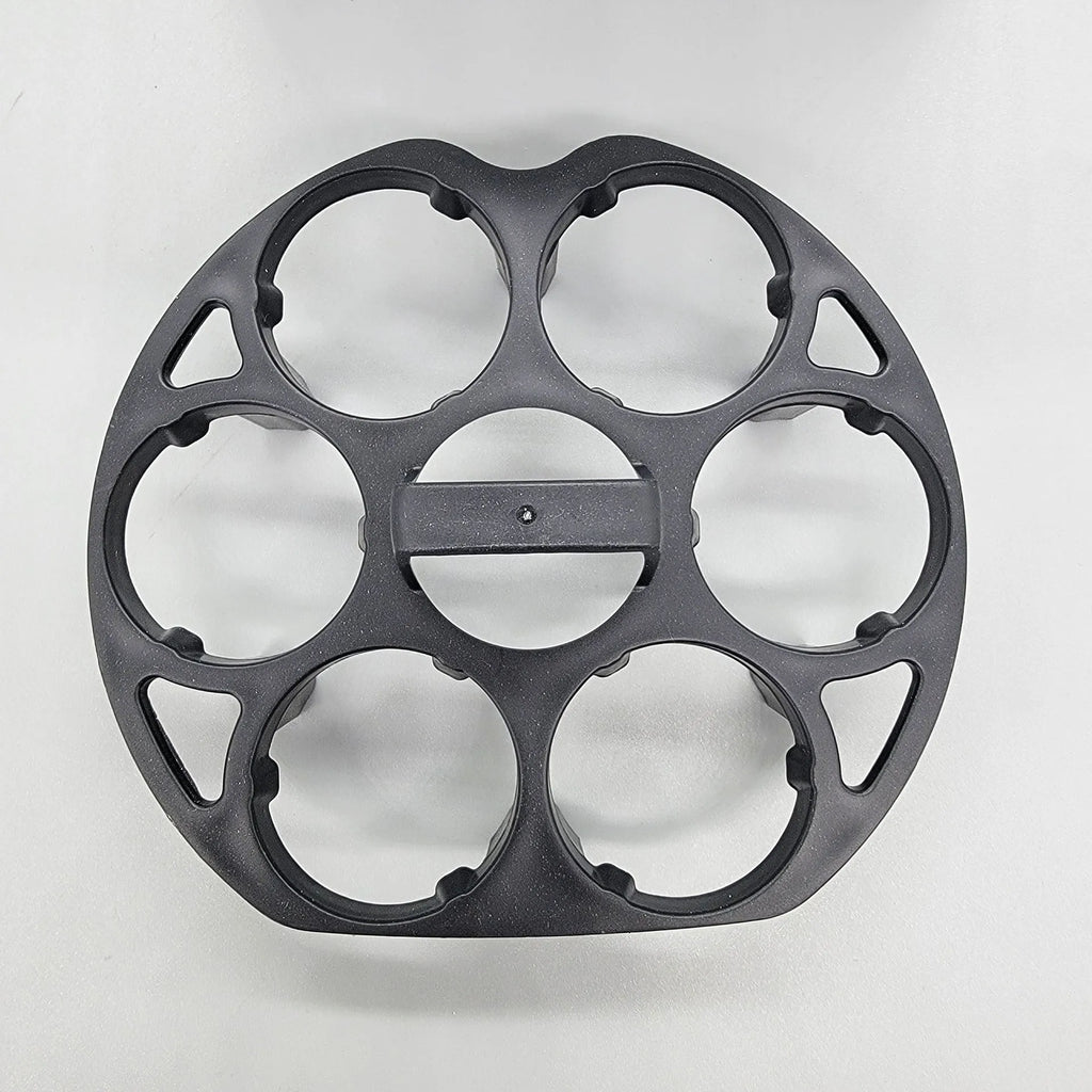 Black plastic egg holder basket with dimensions 13.8 by 12.6 cm.