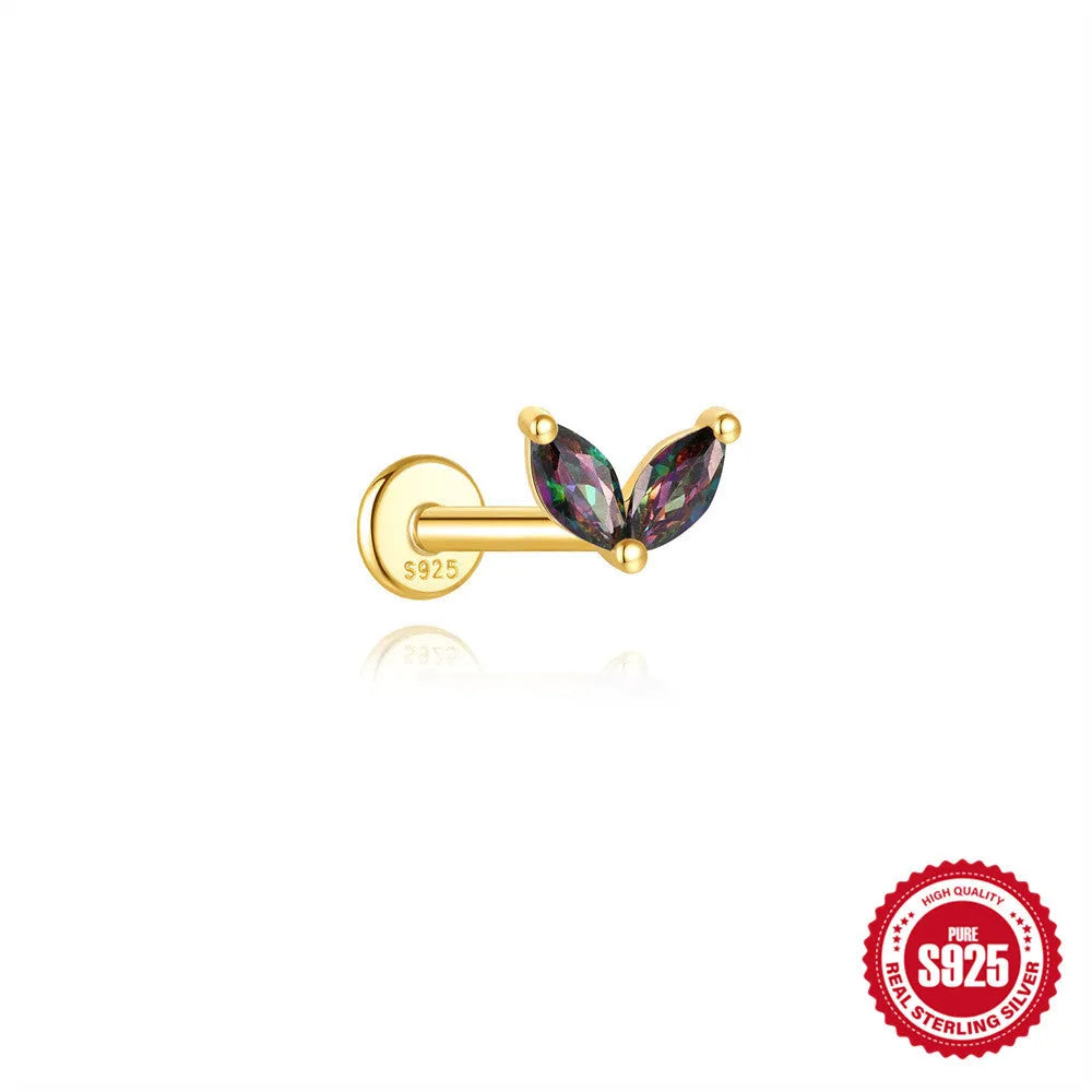 S925 sterling silver thread piercing earring with super shiny rainbow stone flat head in single gold colour.