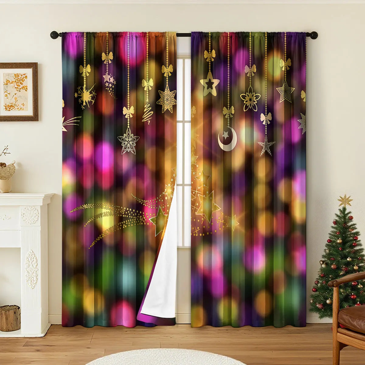 Pair of 3D digital printed polyester Christmas curtains with high sunshade capability in various sizes