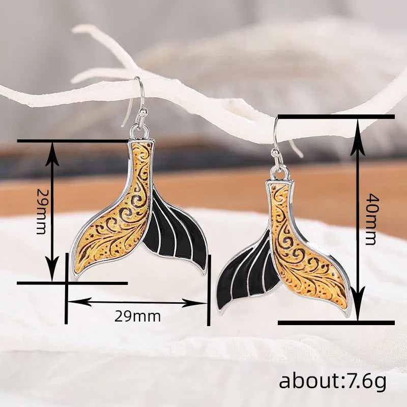 Women's fishtail earrings with whale design in white gold colour retro style alloy jewellery