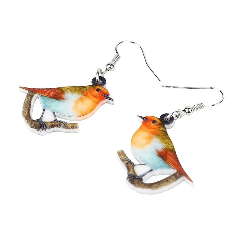 Blue titmouse bird pendant acrylic earrings with geometric drop design and snake chain links