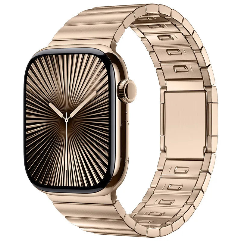 Silver magnetic buckle stainless steel strap for Apple Watch on a wrist