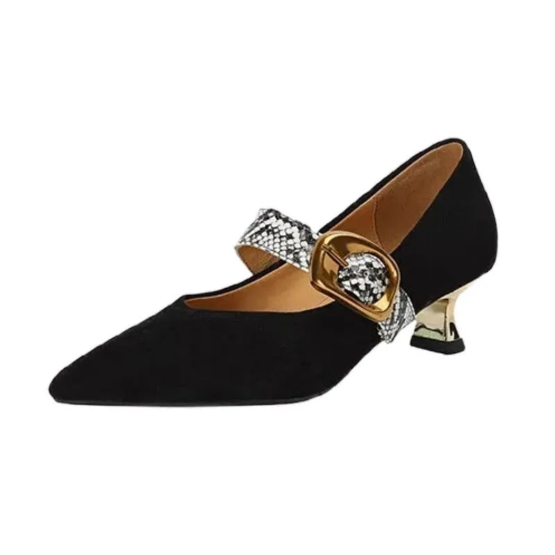 Women's black pointed-toe stiletto heels with a buckle fastening and mid-height heel.