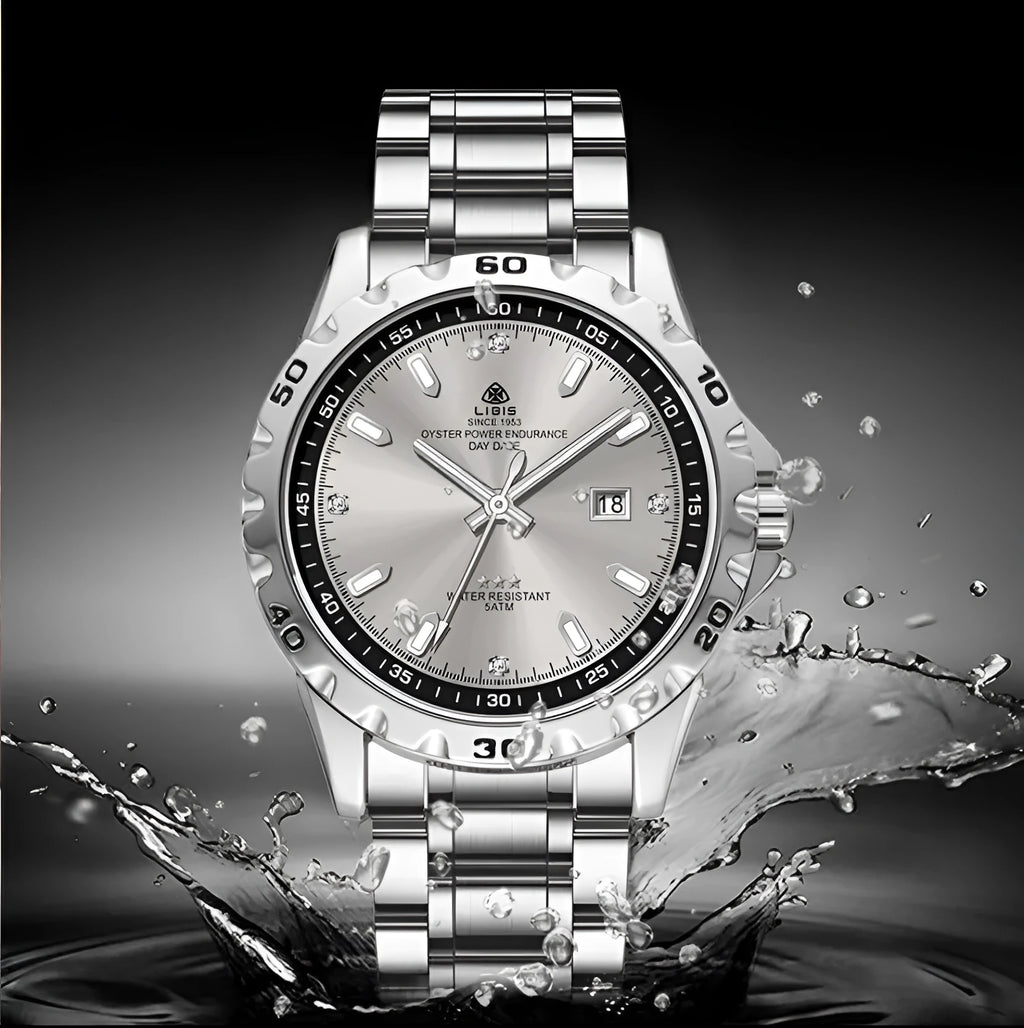 Silver men's business watch with stainless steel strap and luminous hands on black dial