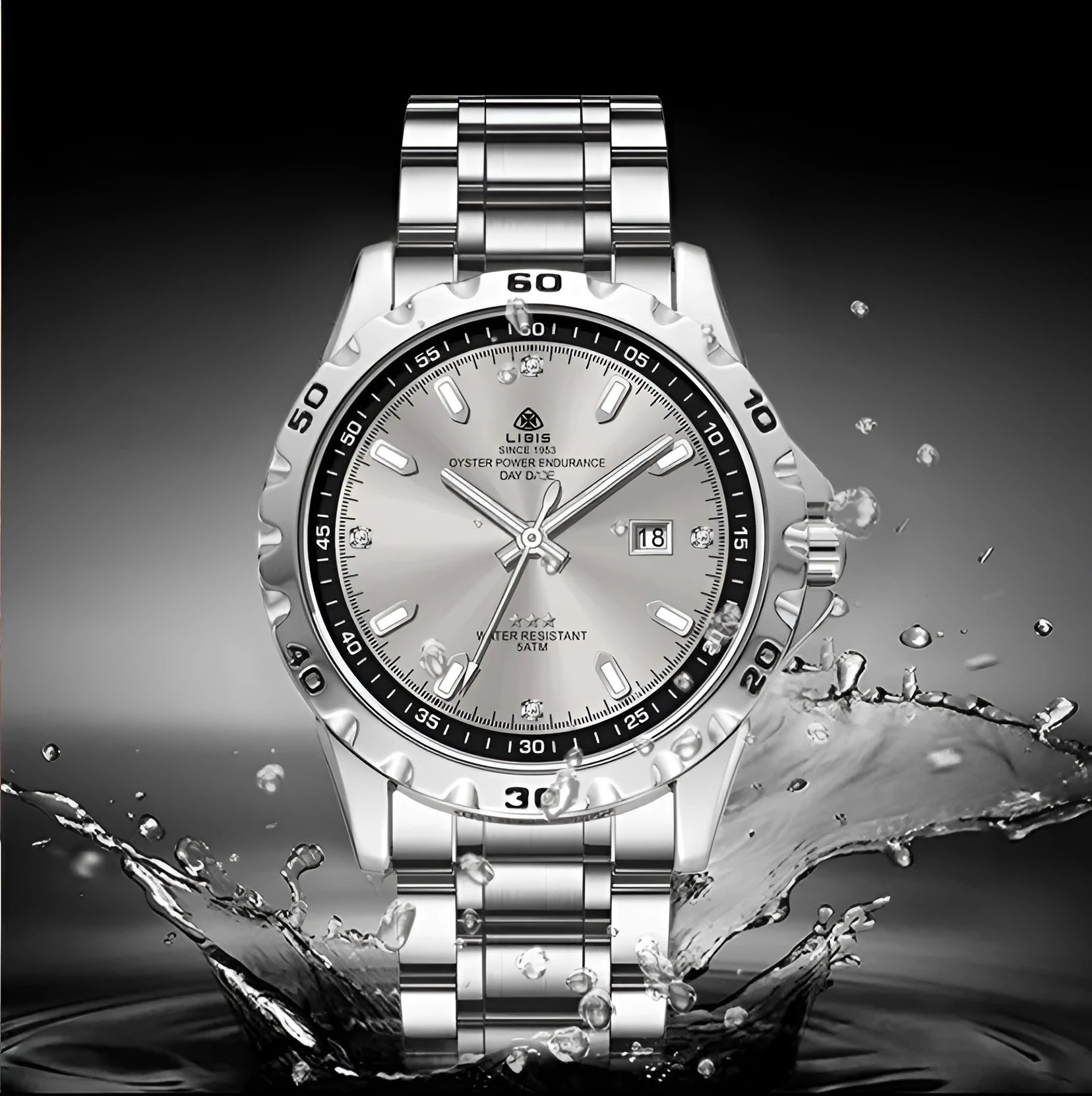 Silver men's business watch with stainless steel strap and luminous hands on black dial