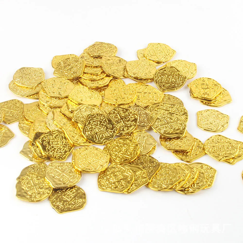 Three piles of Roman pirate coins showing bronze, gold and silver electroplated finishes on plastic bases