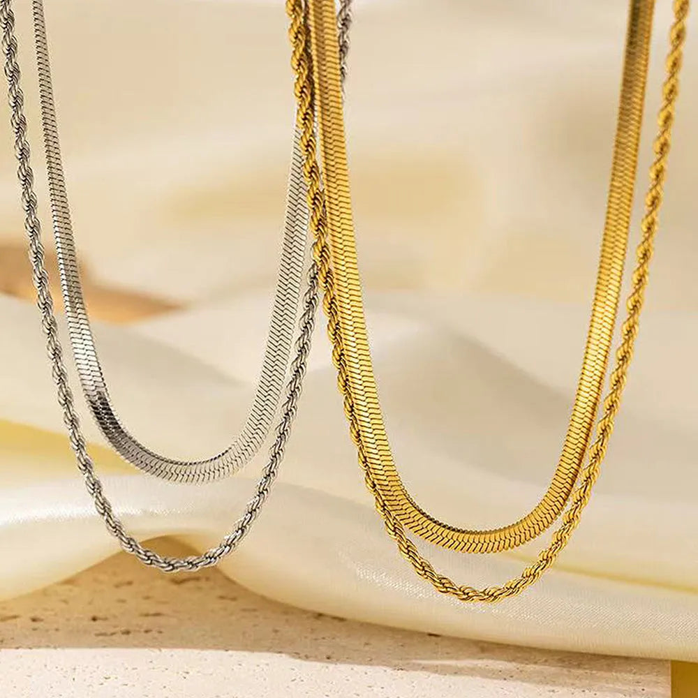 Geometric double-layer twist necklace with adjustable stainless steel snake bones chain