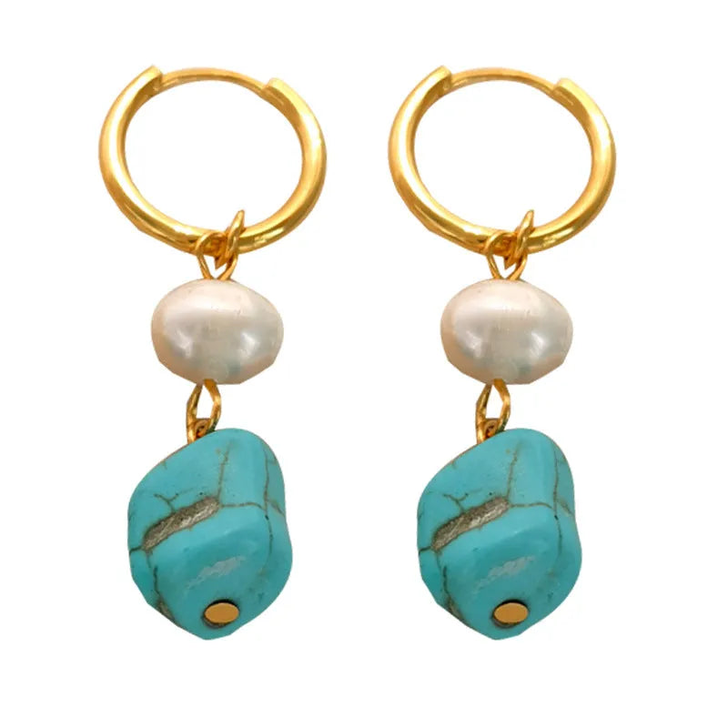 Turquoise irregular geometric cultured pearl earrings with copper setting in short and long styles