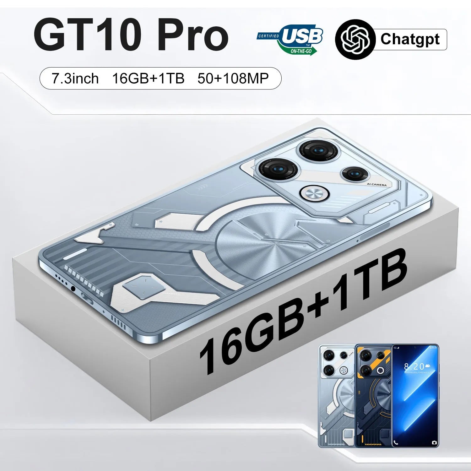GT10 Pro Android smartphone in Blue and Silver colours with straight plate design