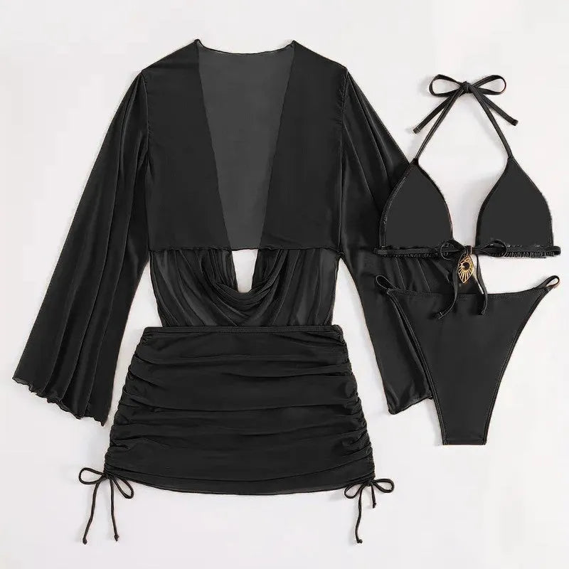 Dark brown women's lace-up bikini suit with backless briefs style on mannequin.