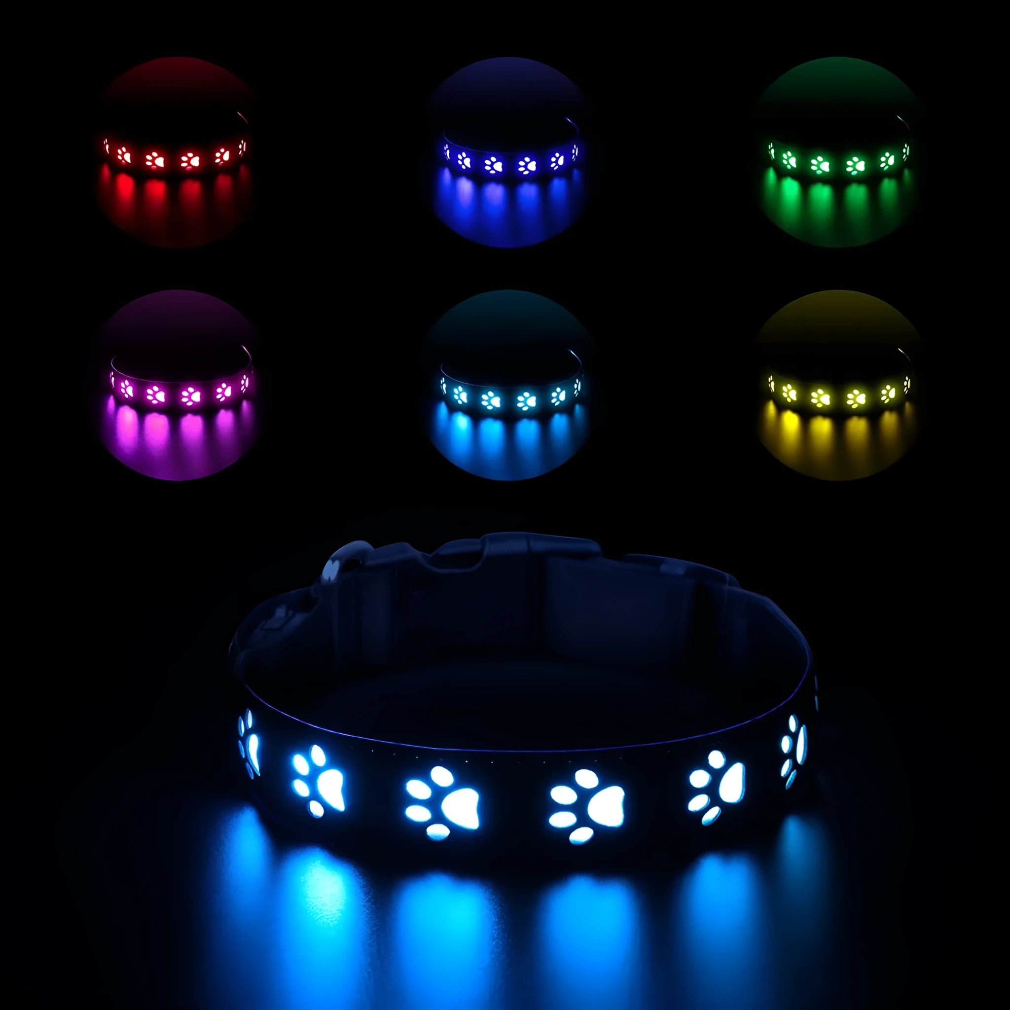 LED luminous cat collar with paw print pattern showing 7 colour changing effects