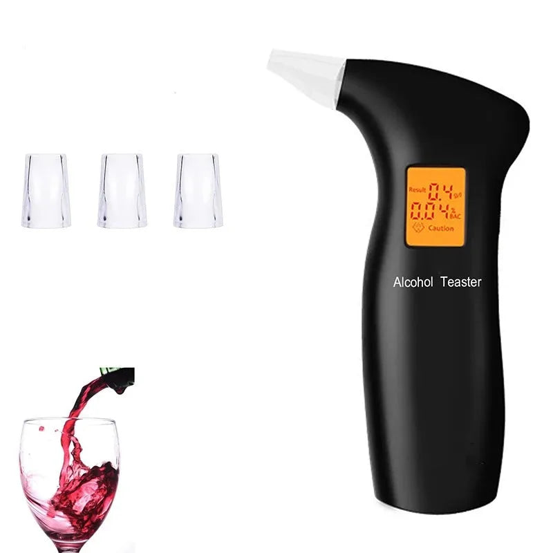 Portable orange light breath alcohol tester with replaceable mouthpieces in black and blue colour options