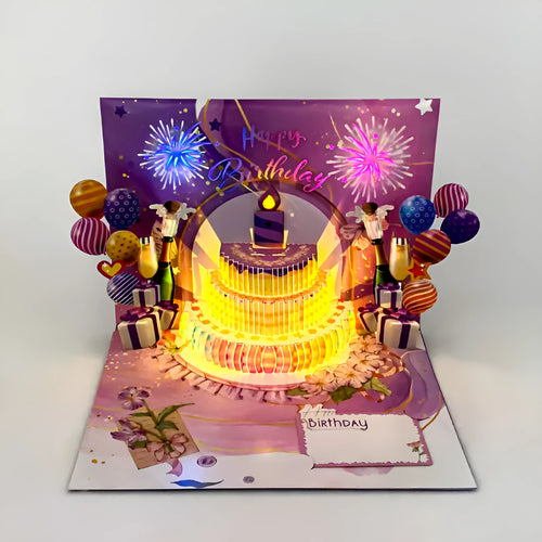 Open 3D greeting card with Chinese ink style cake design, showing hand-folded paper dimensions of 15cm by 20cm.