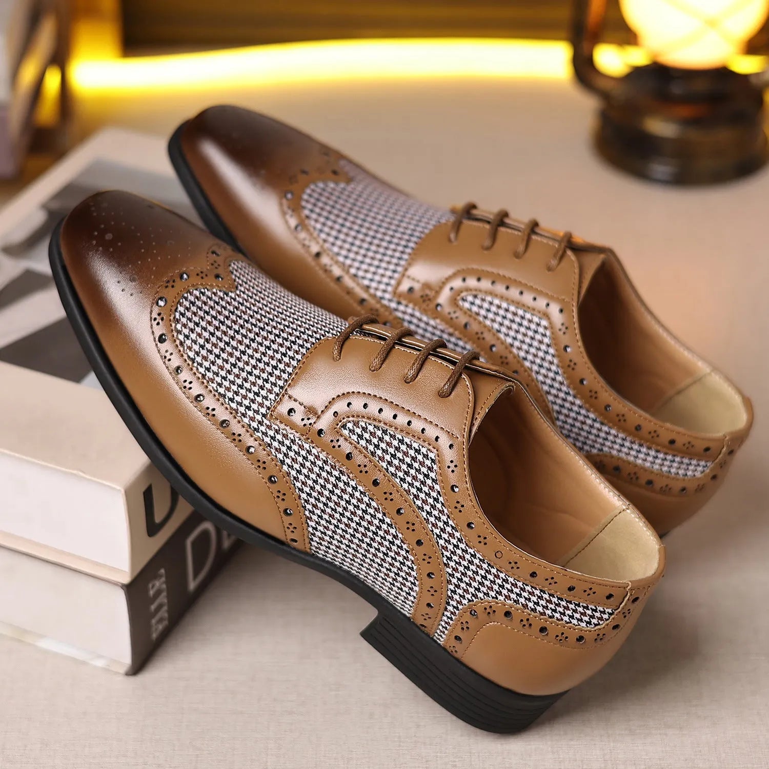 Men's black imitation houndstooth pattern casual canvas shoes with square toe and lace-up front.