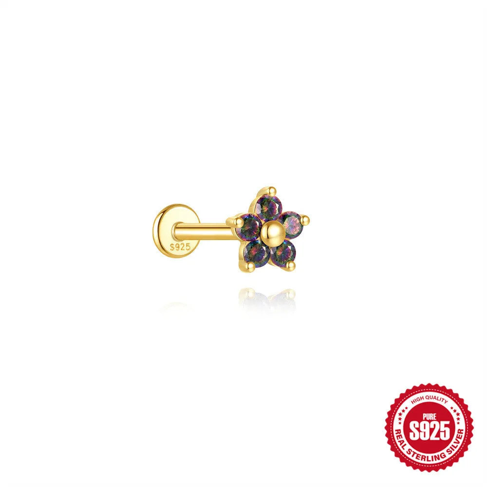 S925 sterling silver thread piercing earring with super shiny rainbow stone flat head in single gold colour.