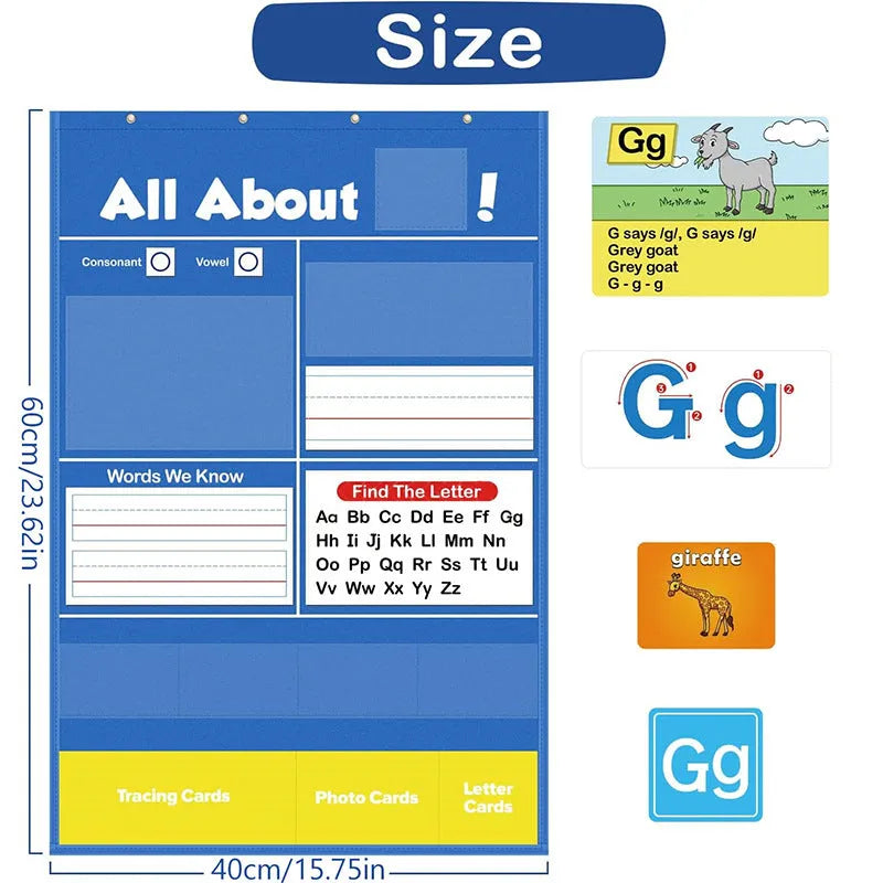 Blue alphabet learning sleeve table with word and letter cards laid out on its wipeable PVC surface.