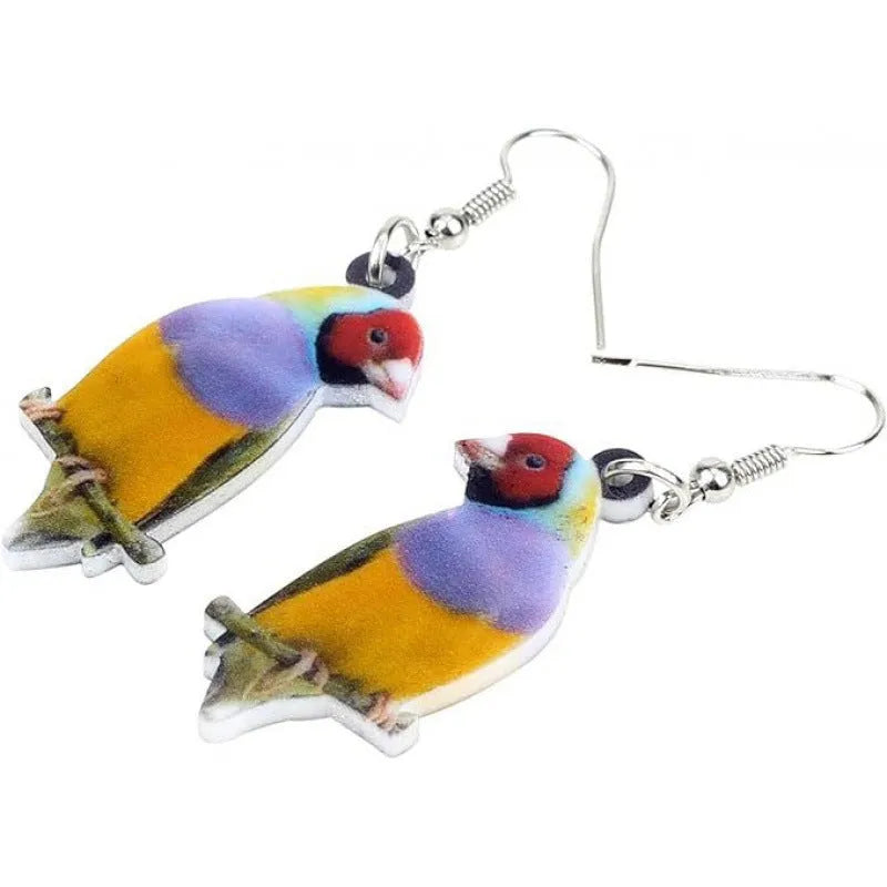 Blue titmouse bird pendant acrylic earrings with geometric drop design and snake chain links