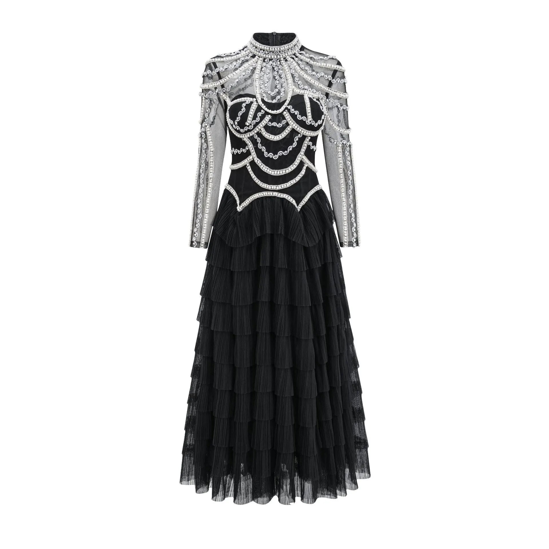 Women's black polyester dress with long sleeves, decorative beadwork, and mid waist design