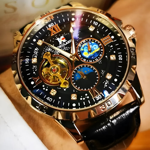 Automatic mechanical watch with large hollow dial showing movement, rose gold case, black face, leather strap