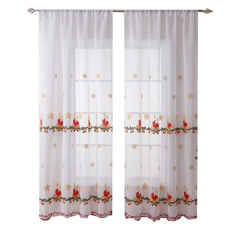 American Christmas curtains with white snowflake embroidery on red polyester fabric hung on window