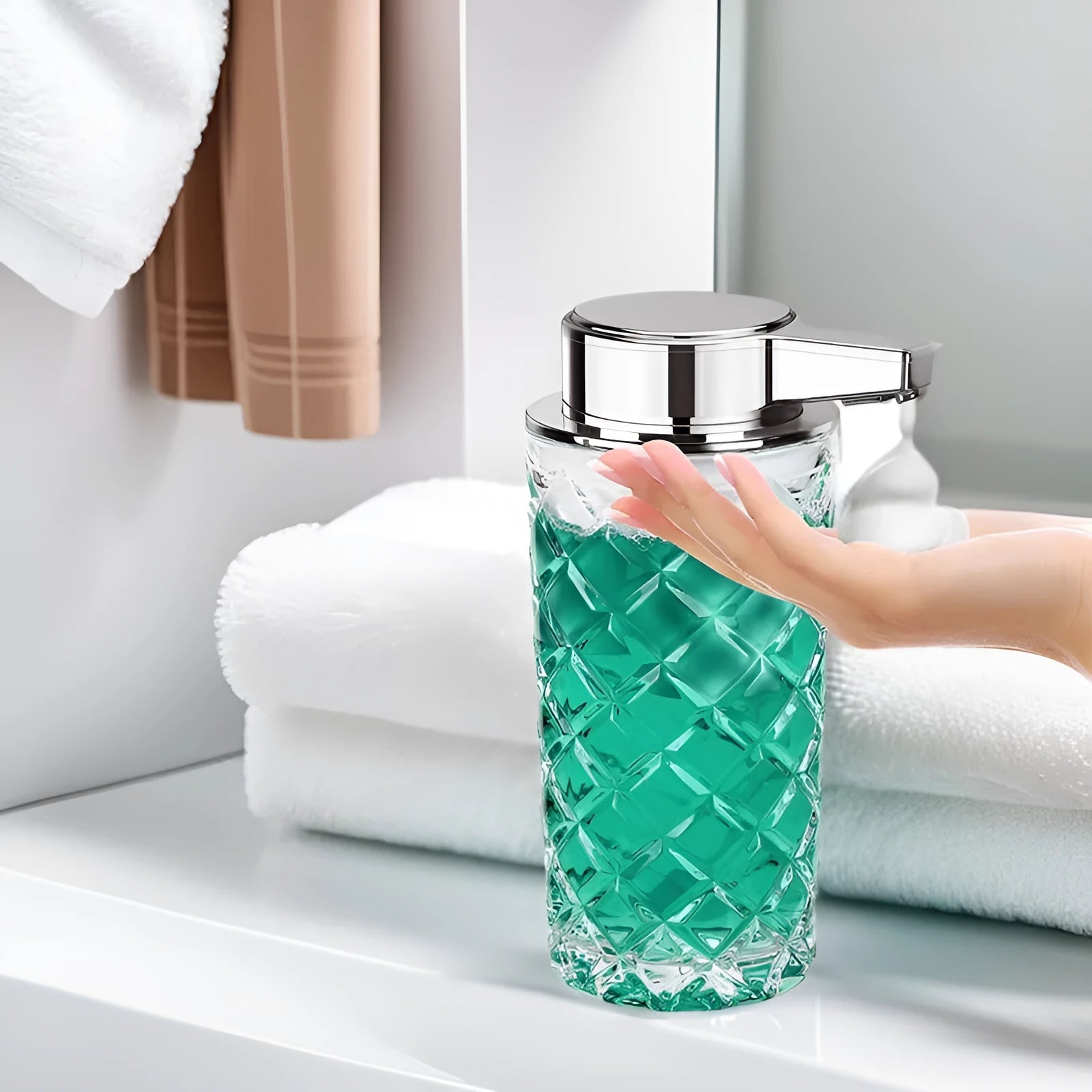 Automatic sensing soap dispenser with silver finish and USB Type-C charging port