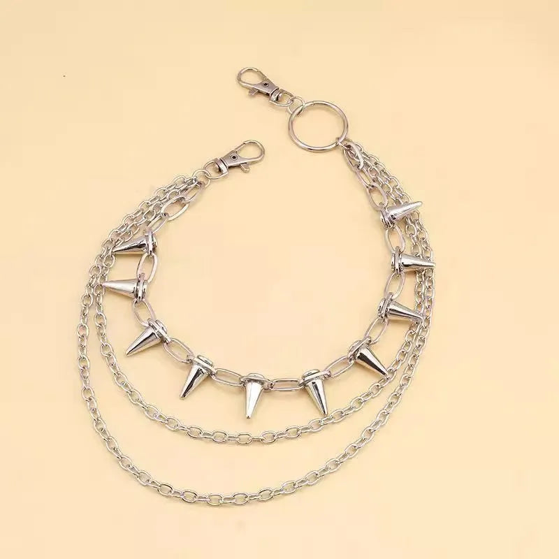 Silver metal double-layer pants chain with rivet details for punk hip hop style