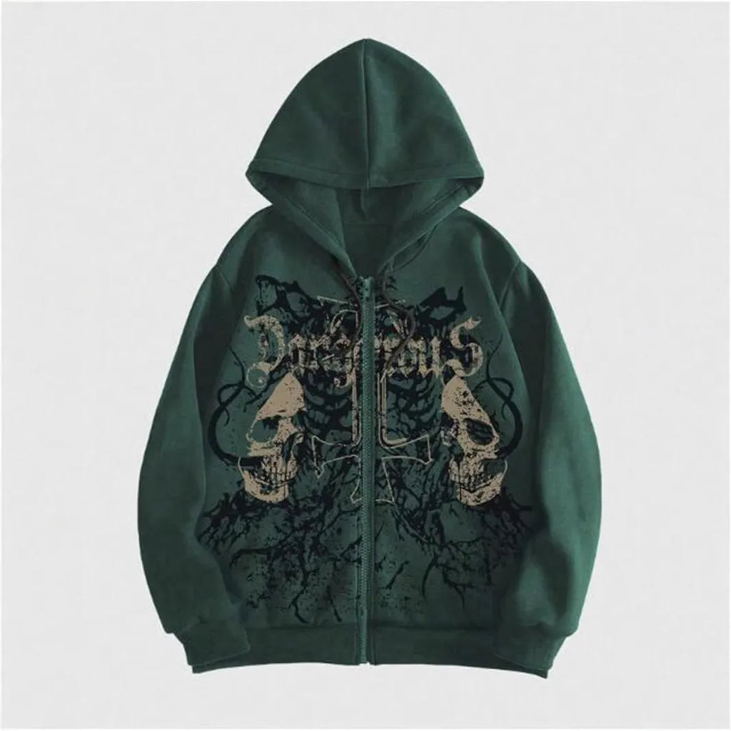 Men's black hooded sweatshirt with skull print and long sleeves in Harajuku style