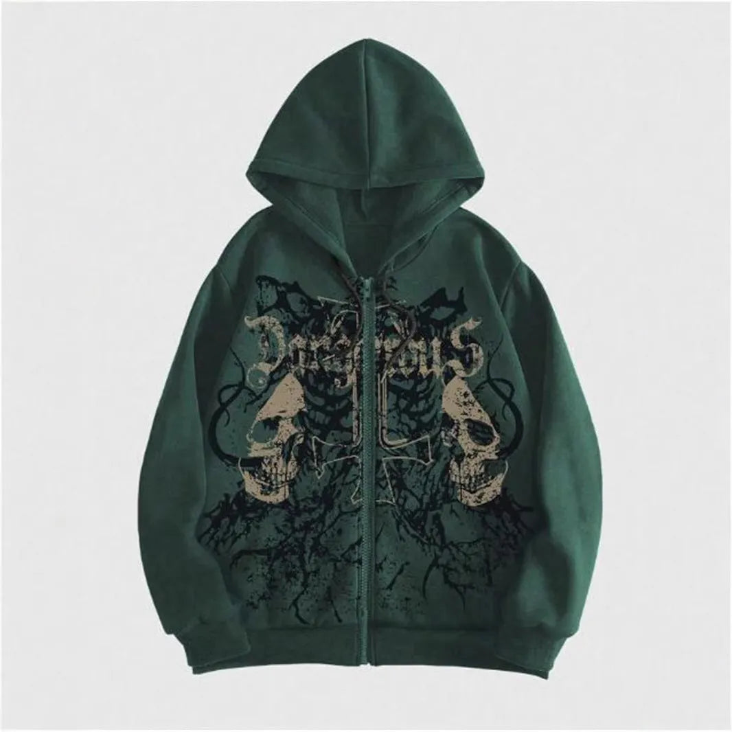 Men's black hooded sweatshirt with skull print and long sleeves in Harajuku style