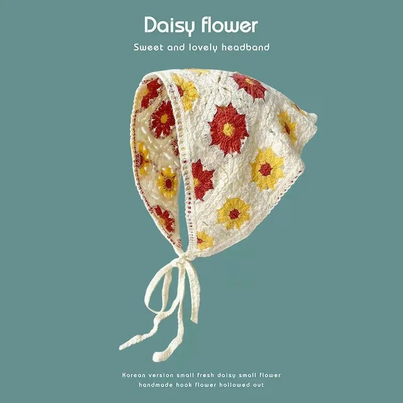 Cotton triangular headscarf with French retro floral pattern in multiple colour options