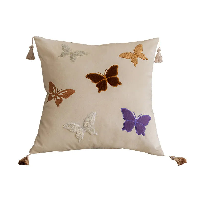 Square beige cushion with embroidered black butterfly in Chinese style pattern