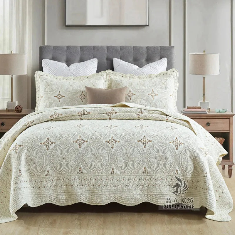 European-style embroidery cotton bed cover set with matching pillowcases for 1.8 metre beds